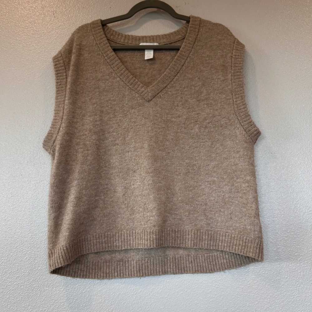 H&M Womens V-Neck Sweater Vest Tan Heathered Knit Sleeveless Top XS